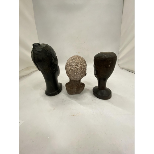 225 - THREE AFRICAN BUSTS TO INCLUDE TWO WOOD AND ONE STONE