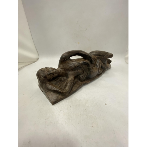 234 - A VINTAGE WOODEN SCULPTURE OF A RECUMBENT LADY, HEIGHT 11CM, LENGTH 34CM