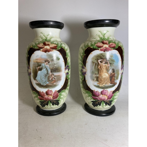 30 - A PAIR OF FRENCH STYLE OPALINE HAND PAINTED VASES WITH TRANSFERS OF FAIR MAIDENS WITH CHILDREN - 32 ... 