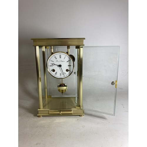 34 - A FRAMZ HERMLE FOX & SIMPSON BRUSH METAL AND BEVELLED CARRIAGE CLOCK