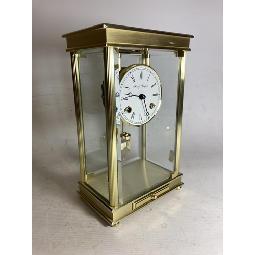 34 - A FRAMZ HERMLE FOX & SIMPSON BRUSH METAL AND BEVELLED CARRIAGE CLOCK