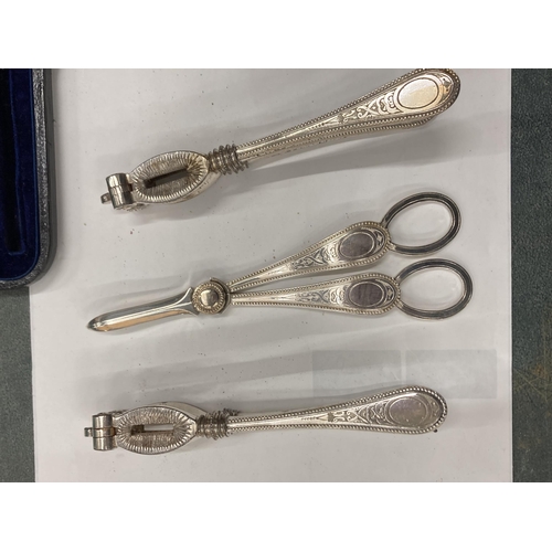 47 - A CASED SILVER PLATED VICTORIAN GRAPE SCISSORS AND NUT CRACKERS