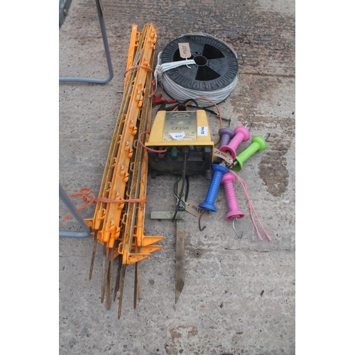 455 - ENERGISER/POST, WIRE (10 POSTS)AND 5 ELECTRIC TAPE HANDLES  NO VAT