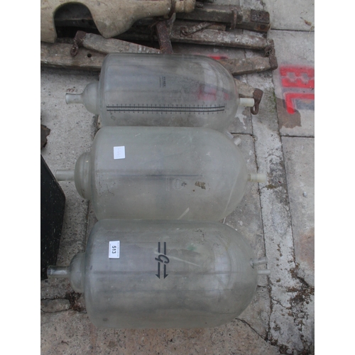 513 - 3 GLASS PARLOUR JARS AND MILKING EQUIPMENT  + VAT