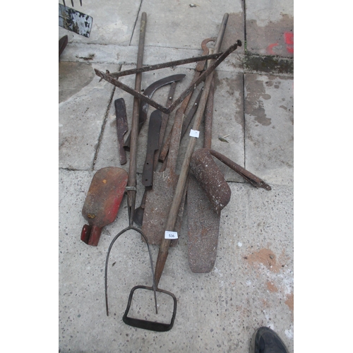 536 - COLLECTION OF ANTIQUE TOOLS, BREAD BASKETS AND MOWER BELTS  + VAT