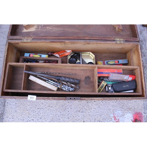 831 - WOODEN BOX OF VARIOUS TOOLS  NO VAT