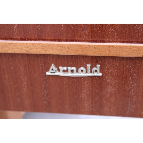 2561 - A RETRO ARNOLD WALNUT RECORD CABINET WITH EIGHTEEN DROP-DOWN STORAGE SECTION ON CABRIOLE LEG, 39.5