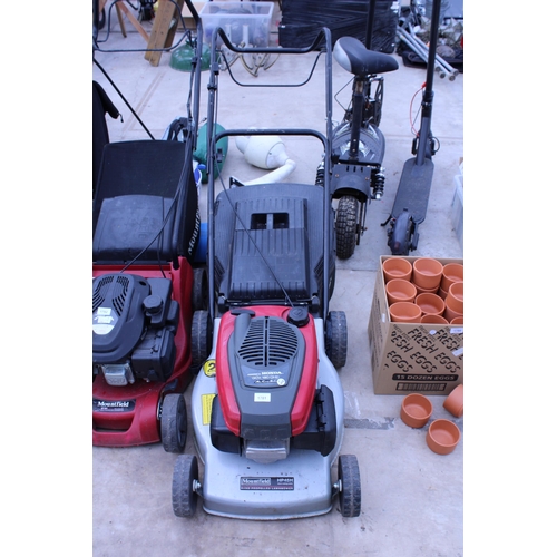 A MOUNTFIELD HP45H PETROL LAWN MOWER WITH HONDA ENGINE AND GRASS BOX