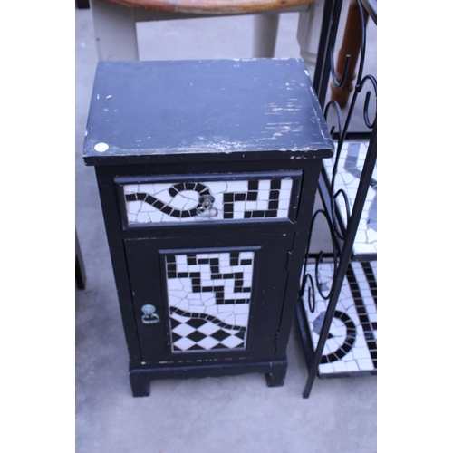 2960 - A WROUGHT IRON AND TILED THREE TIER SHELVING UNIT, MATCHING POT CUPBOARD AND METAL BATHROOM TWO DOOR... 