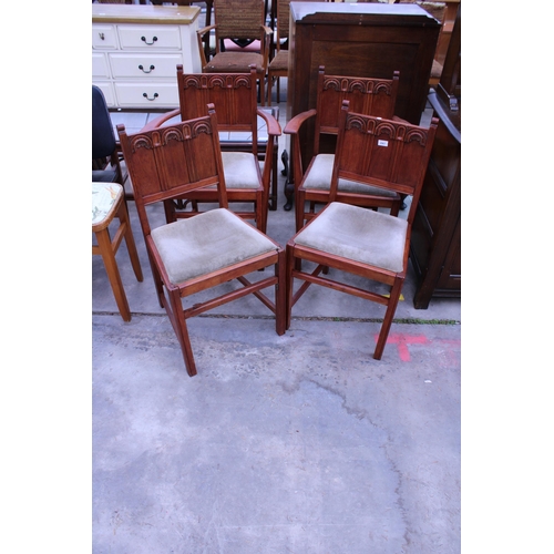 2967 - A SET OF FOUR MID 20TH CENTURY GOTHIC OAK DINING CHAIRS, TWO BEING CARVERS