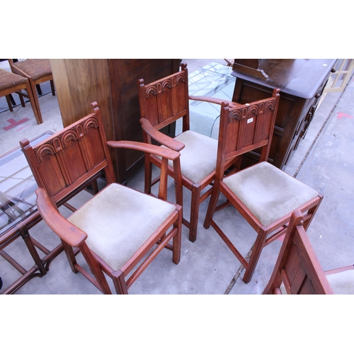 2967 - A SET OF FOUR MID 20TH CENTURY GOTHIC OAK DINING CHAIRS, TWO BEING CARVERS