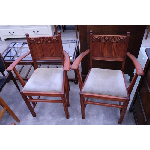 2967 - A SET OF FOUR MID 20TH CENTURY GOTHIC OAK DINING CHAIRS, TWO BEING CARVERS