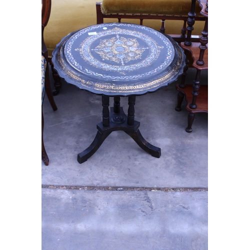 2971 - A VICTORIAN PAPIER MACHE TILT-TOP MOTHER OF PEARL AND PAINTED TABLE ON LATER BASE, 23