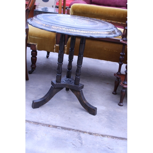 2971 - A VICTORIAN PAPIER MACHE TILT-TOP MOTHER OF PEARL AND PAINTED TABLE ON LATER BASE, 23