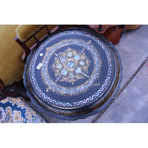 2971 - A VICTORIAN PAPIER MACHE TILT-TOP MOTHER OF PEARL AND PAINTED TABLE ON LATER BASE, 23