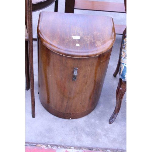 2973 - A WALNUT ART DECO BOW FRONTED CABINET WITH SHELVES AND AN OAK TWO TIER CORNER STAND