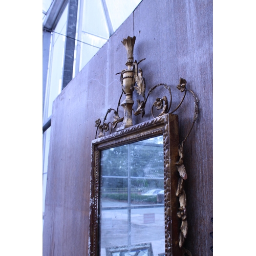 2986 - A 19TH CENTURY STYLE GILT FRAMED WALL MIRROR WITH VASE AND FOLIATE DECORATION, 51