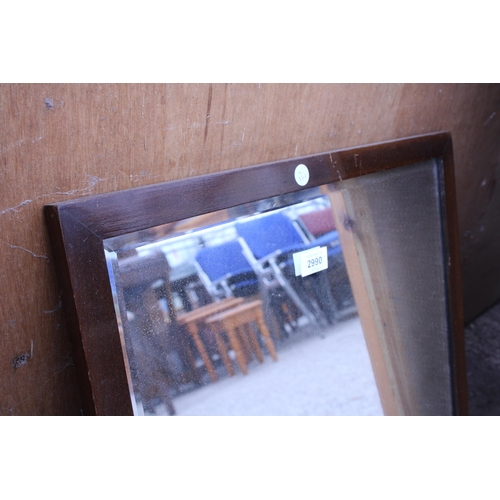 2990 - A MAHOGANY FRAMED BEVEL EDGE WALL MIRROR, 20