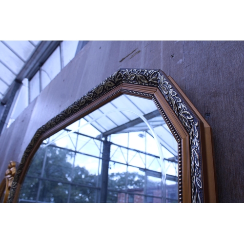 2991 - A SILVER GILT EFFECT BEVEL EDGE WALL MIRROR WITH CANTED TOP, 40