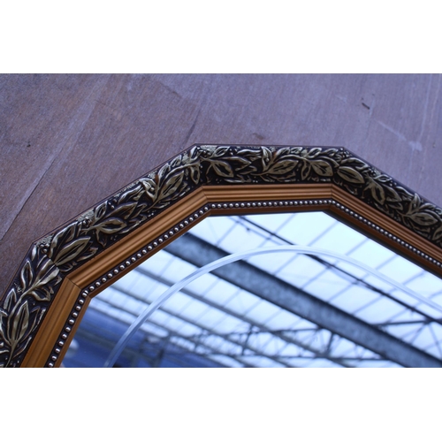 2991 - A SILVER GILT EFFECT BEVEL EDGE WALL MIRROR WITH CANTED TOP, 40