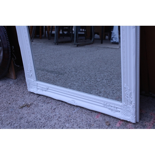 3002 - A 19TH CENTURY STYLE WHITE FRAMED BEVEL EDGE WALL MIRROR, 37