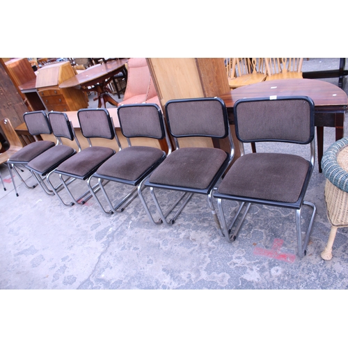 2873 - A SET OF SIX RETRO BLACK FRAMED DINING CHAIRS ON TUBULAR POLISHED CHROME FRAMES