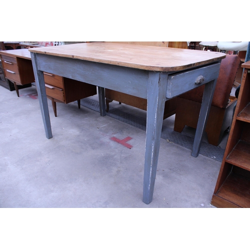 2885 - A VICTORIAN SCRUB TOP KITCHEN TABLE WITH SINGLE DRAWER HAVING SCOOP HANDLE 51