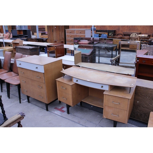 2890 - A RETRO OAK DRESSING TABLE AND MATCHING CHEST OF FOUR DRAWERS ON BLACK PAINTED LEGS