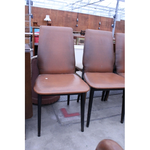 2891 - THREE BROWN FAUX LEATHER DINING CHAIRS ON BLACK PAINTED LEGS