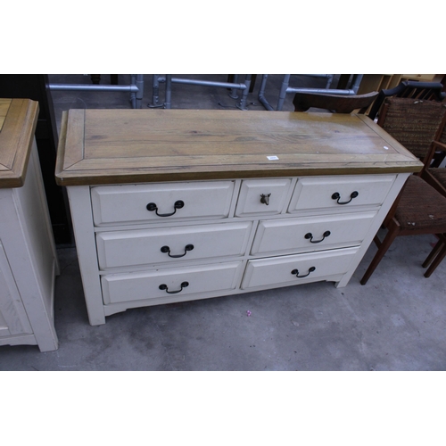 2895 - A WHITE CHEST OF SEVEN DRAWERS WITH OAK TOP, 53