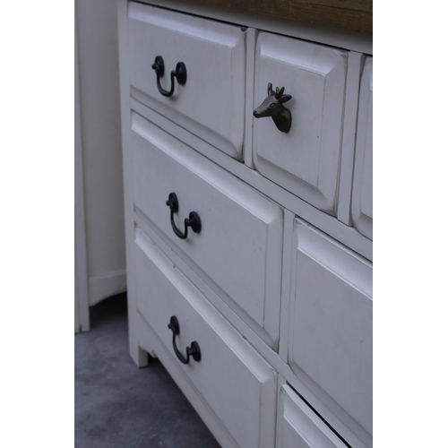 2895 - A WHITE CHEST OF SEVEN DRAWERS WITH OAK TOP, 53