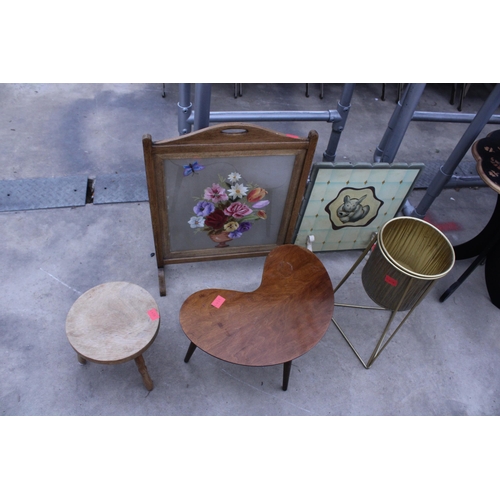 2901 - TWO FIRESCREENS, SMALL STOOL, METAL JARDINIER STAND AND SMALL KIDNEY SHAPED TABLE