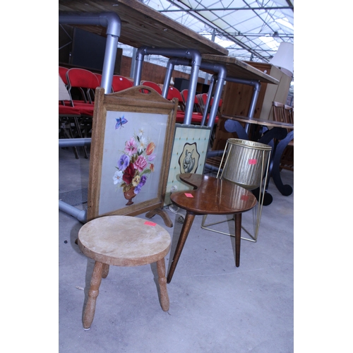 2901 - TWO FIRESCREENS, SMALL STOOL, METAL JARDINIER STAND AND SMALL KIDNEY SHAPED TABLE