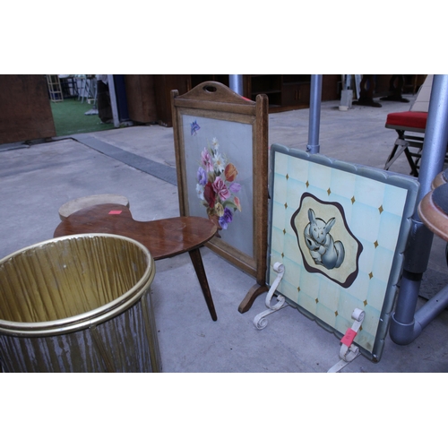 2901 - TWO FIRESCREENS, SMALL STOOL, METAL JARDINIER STAND AND SMALL KIDNEY SHAPED TABLE