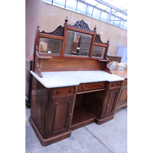 2932 - A VICTORIAN MAHOGANY TWIN PEDESTAL WASHSTAND WITH MARBLE TOP, THREE DRAWERS, TWO CUPBOARDS AND MIRRO... 