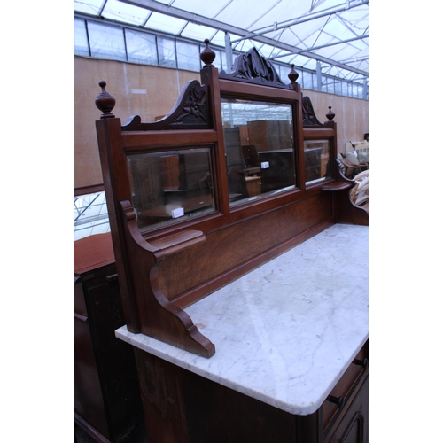 2932 - A VICTORIAN MAHOGANY TWIN PEDESTAL WASHSTAND WITH MARBLE TOP, THREE DRAWERS, TWO CUPBOARDS AND MIRRO... 