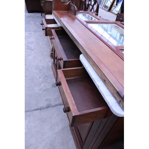 2932 - A VICTORIAN MAHOGANY TWIN PEDESTAL WASHSTAND WITH MARBLE TOP, THREE DRAWERS, TWO CUPBOARDS AND MIRRO... 