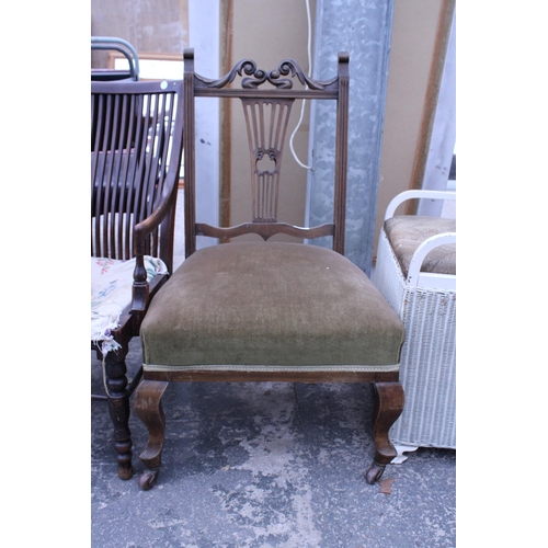 2937 - AN EDWARDIAN LOW LOUNGE CHAIR WITH NARROW LATH-BACK AND EDWARDIAN NURSING CHAIR