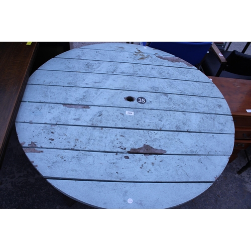 2939 - A PAINTED PLANK TOP OUTDOOR PUB OR PATIO TABLE, 44