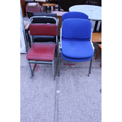 2943 - FOUR CASTELLI POLISHED ALLOY STACKING CHAIRS, TWO TUBULAR STACKING CHAIRS AND AN OFFICE ELBOW CHAIR