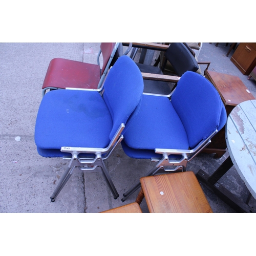 2943 - FOUR CASTELLI POLISHED ALLOY STACKING CHAIRS, TWO TUBULAR STACKING CHAIRS AND AN OFFICE ELBOW CHAIR