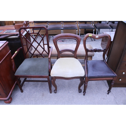 2949 - TWO VICTORIAN MAHOGANY DINING CHAIRS AND A SINGLE LATTICE BACK CARVER CHAIR