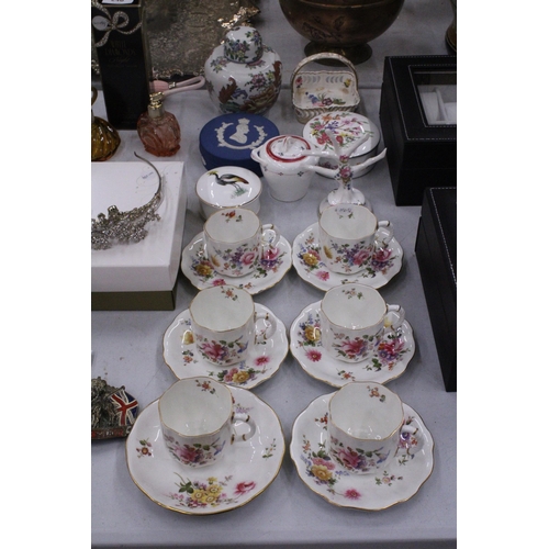 245 - SIX ROYAL CROWN DERBY 'DERBY POSIES' CUPS AND SAUCERS, TRINKET BOXES, A GINGER JAR, ETC