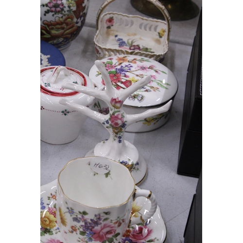 245 - SIX ROYAL CROWN DERBY 'DERBY POSIES' CUPS AND SAUCERS, TRINKET BOXES, A GINGER JAR, ETC