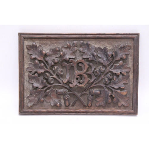 252 - AN ANTIQUE WOODEN WALL PLAQUE CARVED WITH ACORN AND OAK LEAF DECORATION, 24CM X 17CM