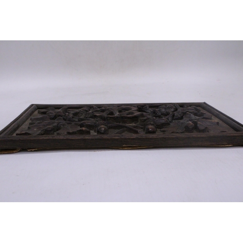 252 - AN ANTIQUE WOODEN WALL PLAQUE CARVED WITH ACORN AND OAK LEAF DECORATION, 24CM X 17CM