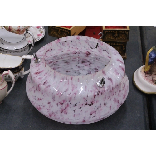 255 - A VINTAGE GLASS MOTTLED PINK LIGHT SHADE, DIAMETER APPROX 29CM