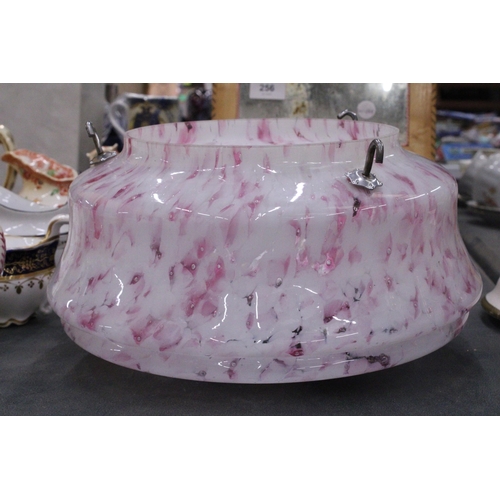 255 - A VINTAGE GLASS MOTTLED PINK LIGHT SHADE, DIAMETER APPROX 29CM