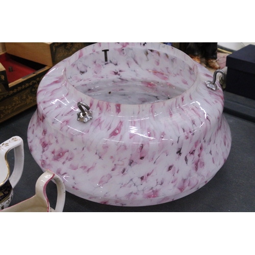 255 - A VINTAGE GLASS MOTTLED PINK LIGHT SHADE, DIAMETER APPROX 29CM