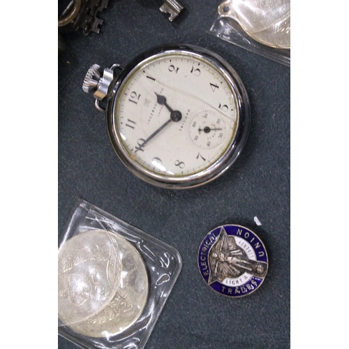 258 - A VINTAGE LACQUERED BOX CONTAINING AN INGERSOLL POCKET WATCH - A/F TO THE GLASS, WHISTLES, KEYS, SIL... 